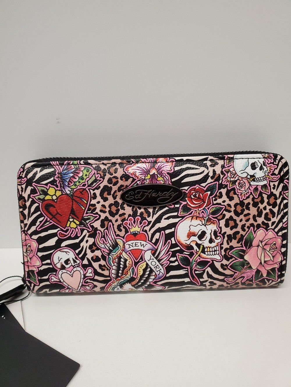 Ed Hardy Pink Leopard & Zebra Tattoo Print Zip Wallet